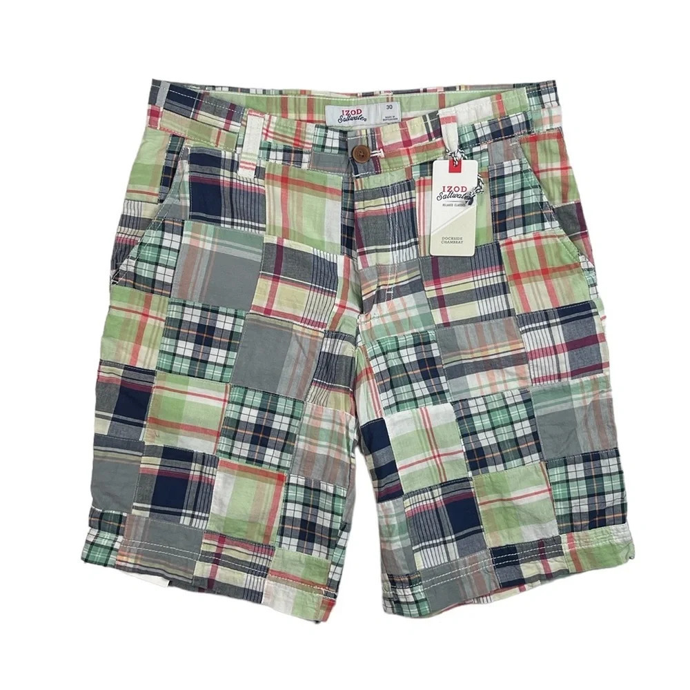 SH582 NWT Mens IZOD Saltwater Dockside Chambray 9.5”Patchwork Chino Shorts 30